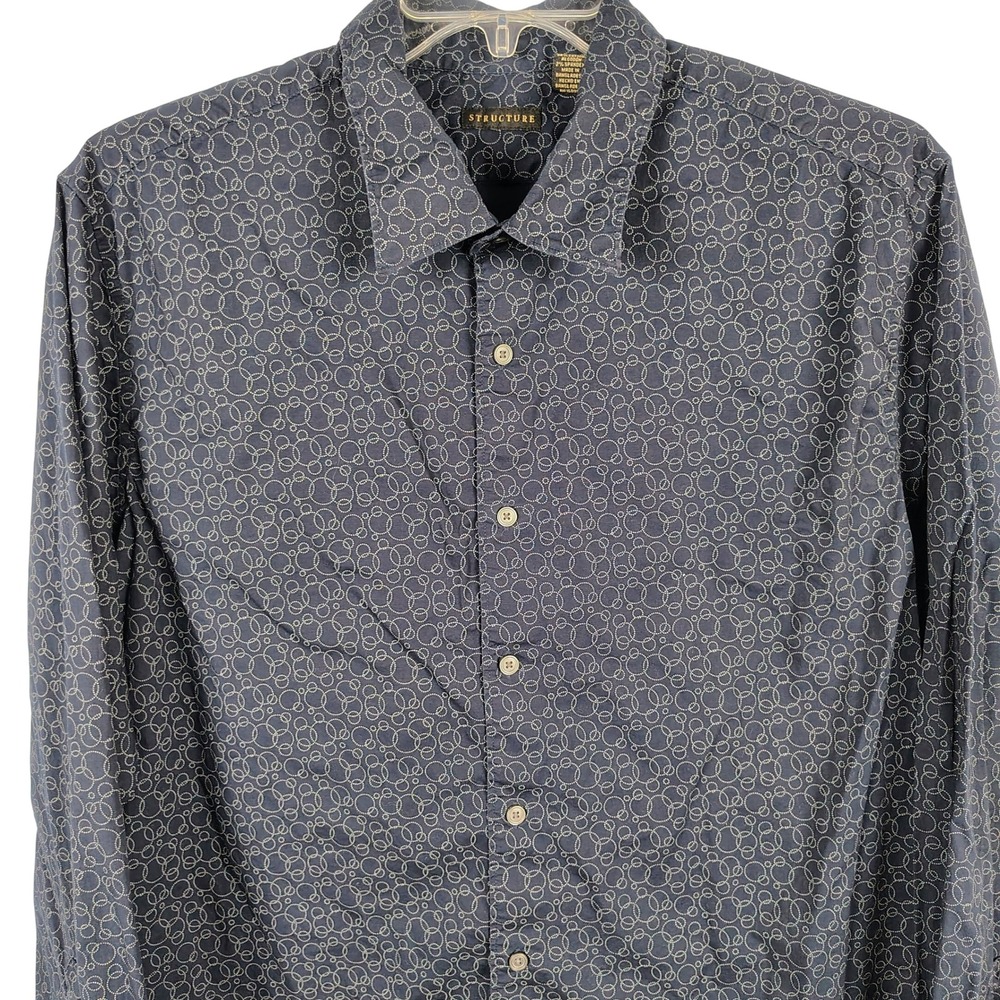 Structure Mens XL Button Down Shirt Navy Geometric Circle Print Cotton Blend